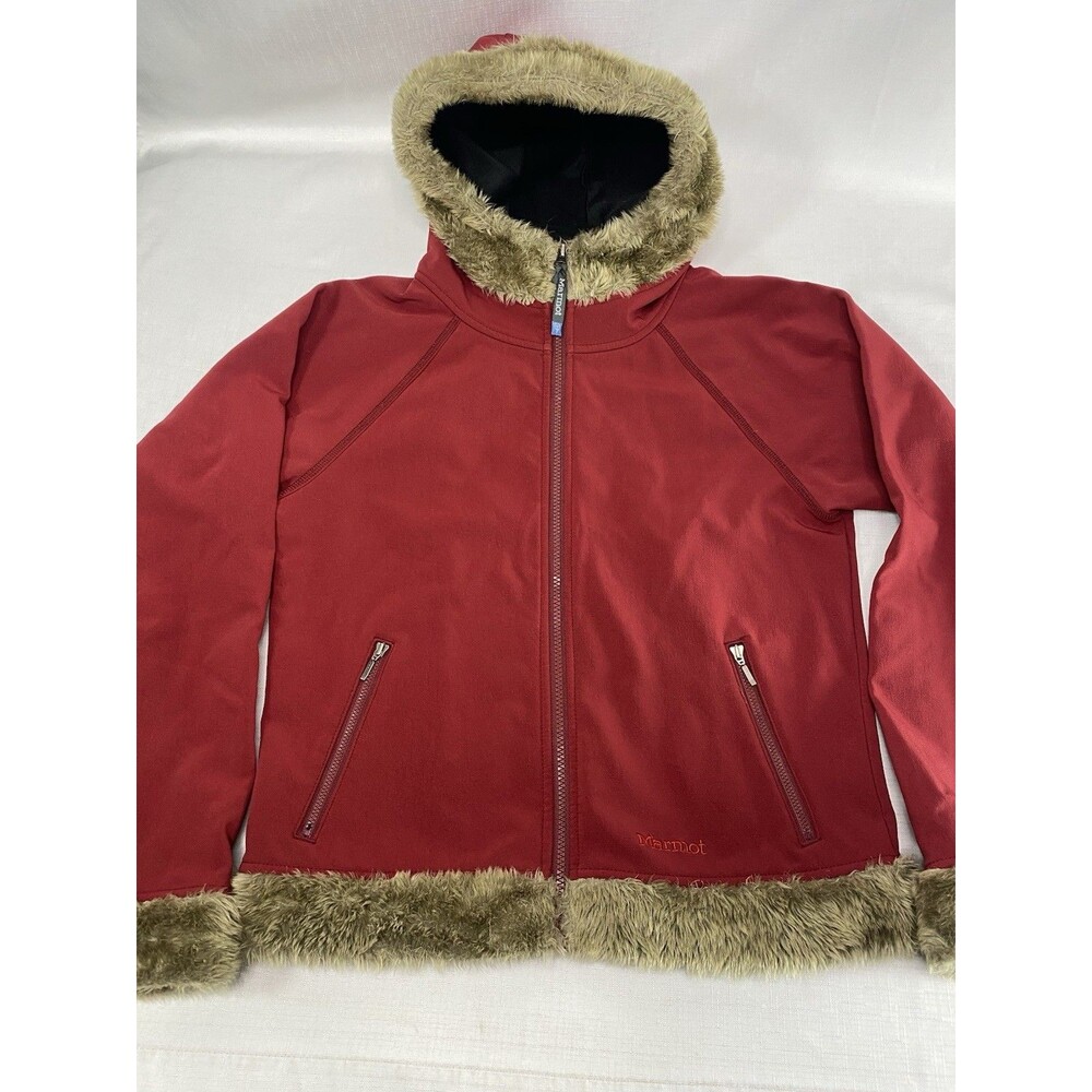 MARMOT Furlong Hooded Softshell Jacket Zip Faux Fur Trim Sz M Fleece Red Plum